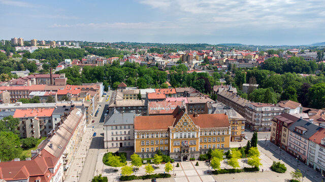 Aerial view on town hall of Cesky Tesin in Cesky Tesin in Czech Republic.