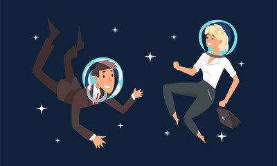 Fototapeta na wymiar Business Man and Woman Characters in Suit and Astronaut Helmets Flying in Outer Space Among Stars Vector Set