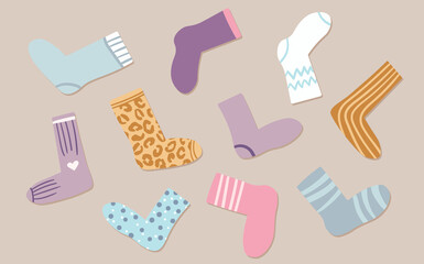 Set of modern colorful socks. Trendy accessories in doodle style. Various cotton foot cloth. Cartoon socks collection for web and print, for invitation, poster, card, fabric, textile