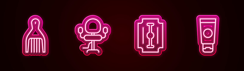 Set line Barrette, Barbershop chair, Blade razor and Cream cosmetic tube. Glowing neon icon. Vector