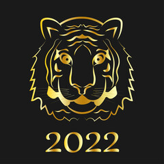 Happy New year 2022. The year of the tiger of lunar Eastern calendar. Creative tiger logo and number 2022 on a black background. Happy New Year Greeting Card.