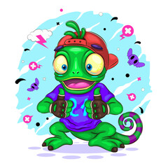 Chameleon Cartoon Character.
Cartoon cool chameleon showing thumbs up. Positive and unique design. Children's bright illustration. Use the product for printing on clothing, accessories.
