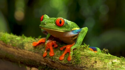 Fototapeta premium Red-eyed Tree Frog in its Natural Habitat in the Caribbean Rainforest beautiful colorful frog in wildlife