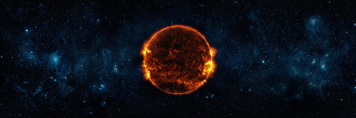Panoramic view of the Sun, star and galaxy.  A wide view of the sun and stars from space. Concept...