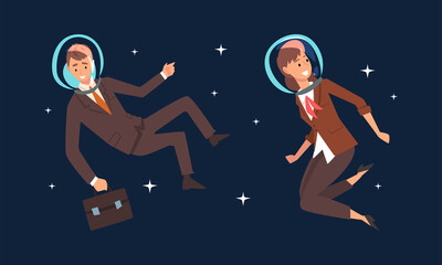 Business Man and Woman Characters in Suit and Astronaut Helmets Flying in Outer Space Among Stars Vector Set