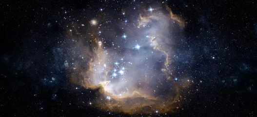 Fototapeten Ein Blick aus dem Weltraum auf eine Galaxie und Sterne. Universum gefüllt mit Sternen, Nebel und Galaxien. Panoramaaufnahme, Breitformat. Elemente dieses von der NASA bereitgestellten Bildes. © Tryfonov
