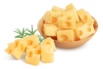cubes of cheese in wooden bowl isolated on white background with clipping path and full depth of field