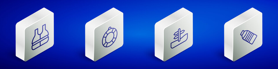 Set Isometric line Life jacket, Lifebuoy, Road traffic sign and Bottle of water icon. Vector