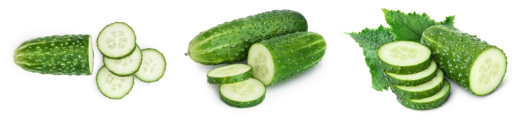 Sliced cucumber isolated on white background. Set or collection