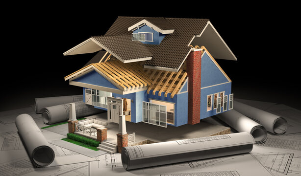 Sliced  house with furniture and blueprints in the dark. 3d illustration