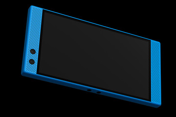 Front view of blue smartphone with empty screen, concept of mobile gaming