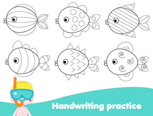 Handwriting practice sheet with fishes. Educational children game. Tracing lines. early education worksheet for kids - 440841705