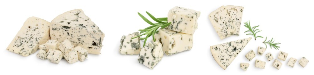 Blue cheese with rosemary isolated on white background with full depth of field. Set or collection