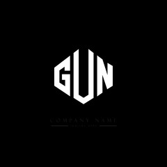 GUN letter logo design with polygon shape. GUN polygon logo monogram. GUN cube logo design. GUN hexagon vector logo template white and black colors. GUN monogram, GUN business and real estate logo. 