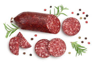 Smoked sausage salami with slices isolated on white background with clipping path and full depth of field. Top view. Flat lay