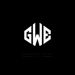 Obraz premium GWE letter logo design with polygon shape. GWE polygon logo monogram. GWE cube logo design. GWE hexagon vector logo template white and black colors. GWE monogram, GWE business and real estate logo. 