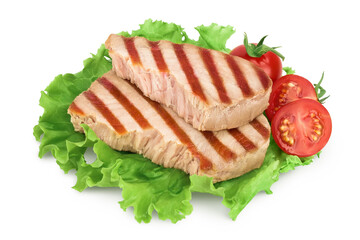 Tuna fish steak grilled isolated on white background with clipping path and full depth of field