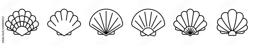 Sticker sea shell icon. set of linear pearl shell icons. vector illustration. shell vector icons. black line