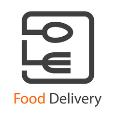 Logo con texto Food Delivery con tenedor y cuchara en cuadrado con lineas en color gris
