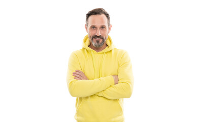 Naklejka premium cheerful handsome mature man with beard and moustache in hoody isolated on white, casual style