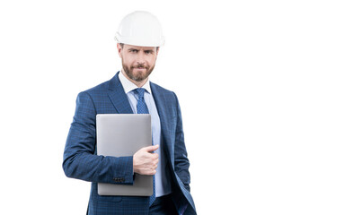 lets start. safety business. data protection. internet security. businessman in helmet with laptop.