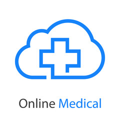 Obraz premium Logo con texto Online Medical con cruz en nube con lineas en color azul