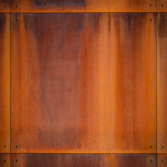 Abstract grunge rusty brown orange metal corten steel board frame rust wall texture background square