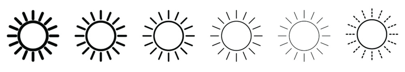 Sun icon. Set of linear sun icons. Vector illustration. Sun vector icons. Black linear sun icons