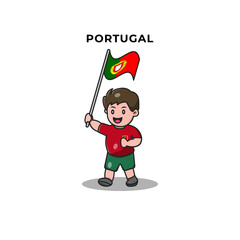 Cute Football Player Holding Portugal Flag. Cartoon Vector Icon Illustration. Sport and People Icon Concept Isolated Premium Vector. Flat Cartoon Style