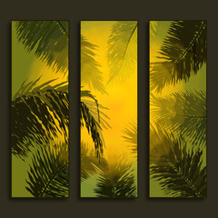Set of vector posters with tropical background. Set of posters with abstract elements of tropical leaves and bright sun. Poster element for interior design, wall frames, canvas prints, posters.