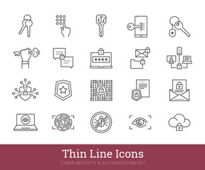 Cyber security thin line icons. Computer network protection linear vector interface pictograms. Vector set include icons: password, key, pin code, security alert, biometric data etc. Editable strokes.