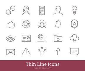 Basic web thin line icons. Graphic interface linear vector interface pictograms. Vector set include icons: user pic, emoticon, notification, document, location, messenger, chat etc. Editable strokes.
