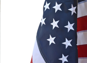 USA flag, close-up. Studio shot. USA flag background. Stars displaying on waving American flag in filled frame layout.