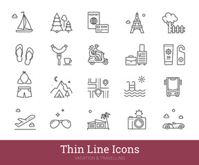 Traveling, vacation thin line icons. Tourism, transport linear vector interface pictograms. Vector set include icons: travel destination, road trip, summer holidays, sea journey. Editable strokes.