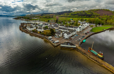 An aerial panorama view of Inveraray, Scotland on the shore of Loch Fyne on a summers day