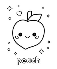 Obraz premium Coloring page with hand drawn doodle peach for preschool children. Learn english vocabulary food names. Kawaii cartoon characters. Vector illustration.