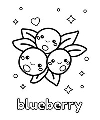 Cute coloring page with blueberry. Kawaii cartoon food with face. English vocabulary. Black and white outline illustration.