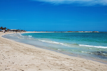 Wonderful view of the lagoon, seashore, white sand beach and blue sea. Djerba Island, Tunisia