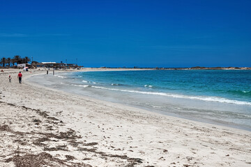 Wonderful view of the lagoon, seashore, white sand beach and blue sea. Djerba Island, Tunisia