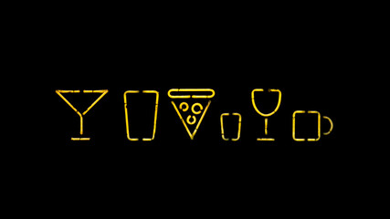 Isolated neon sign of drinks and pizza