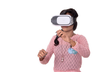 Beautiful girl looking though VR device. Young girl wearing virtual reality goggles headset.
