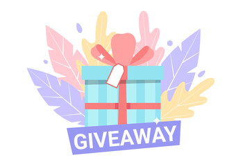 Giveaway web banner. Colorful gift box with pink ribbon bow. Present box with blue and pink leaves. Flat style vector illustration isolated on white.

