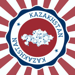 Kazakhstan Badge. Round logo of country with triangular mesh map and radial rays. EPS10 Vector.