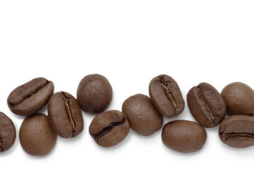 Fresh roasted coffee beans with leaves, isolated on white background