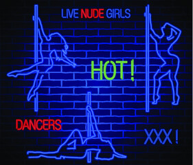 Neon silhouette girls at a pylon.Live nude girl neon sign
