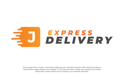 Creative Initial Letter J Logo. Orange Shape J Letter with Fast Shipping Delivery Truck Icon. Usable for Business and Branding Logos. Flat Vector Logo Design Ideas Template Element