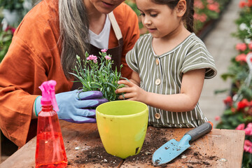 Girl helping to her grey haired grandmother while spending time around the flowers