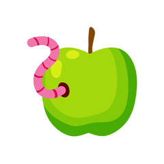 Green apple. Fruit with a worm. Flat cartoon illustration. Spoiled rotten food