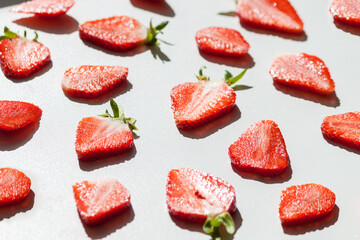 Sliced red strawberry background. Summer concept.
