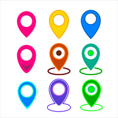Set colored icons of simple forms of point of location. Map pin icon, filled flat sign isolated on white. Location point symbol, logo illustration.